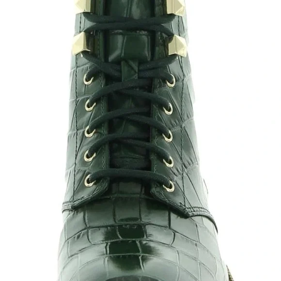 Michael Kors Embossed Croc Patent Leather Haskell Bootie Moss Green Combat Boot - Picture 4 of 11